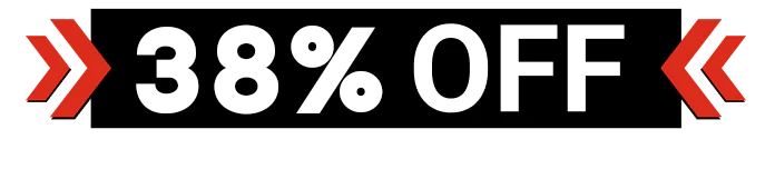 Black banner with '38% OFF' in white text and red arrows.
