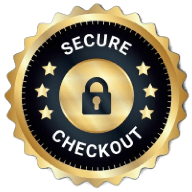 A gold and black seal that reads 'Secure Checkout' with a padlock icon and stars.