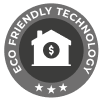 A grey circular badge that says 'Eco Friendly Technology' with an icon of a house and three stars.