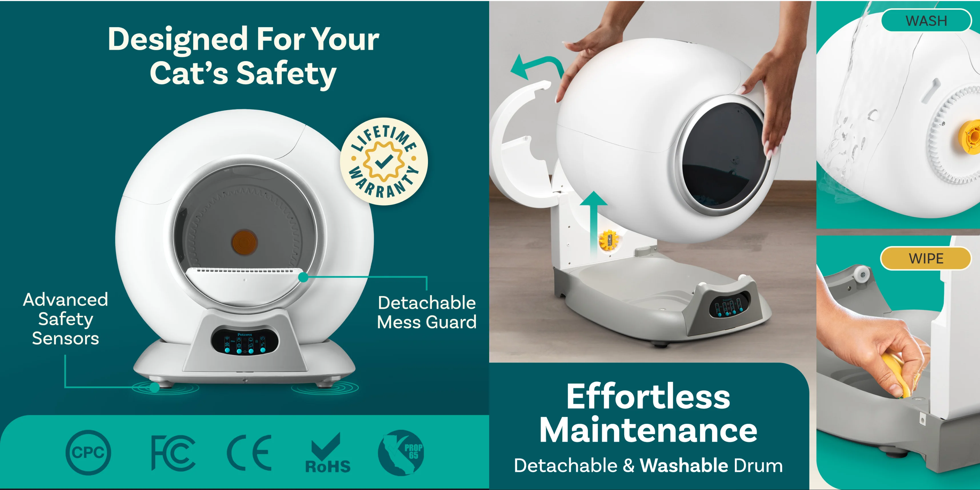 An advertisement for an automatic cat litter box, highlighting its safety features and how to clean it.