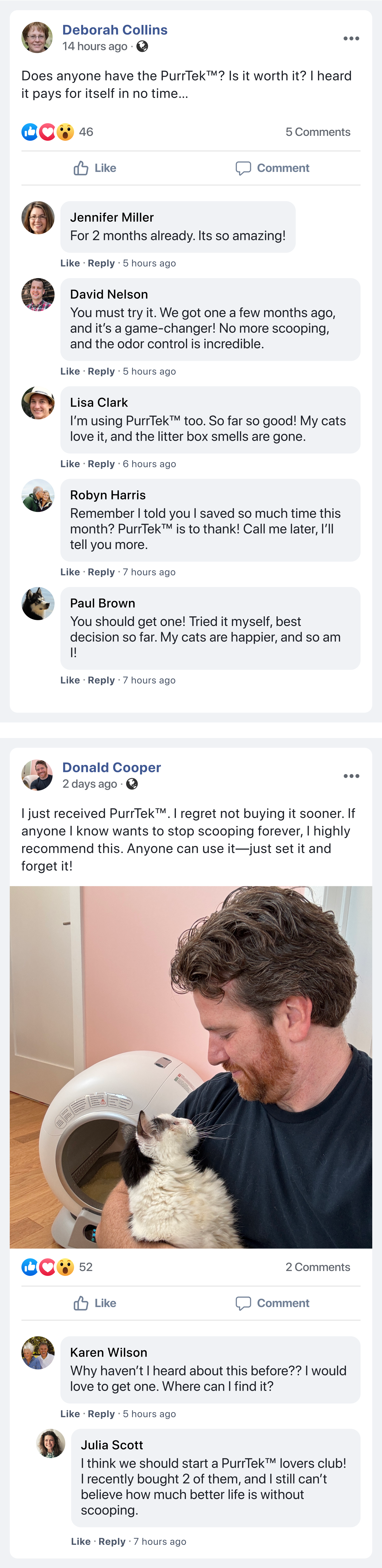 Social media posts praising an automatic cat litter box, with a photo of a man holding a cat.