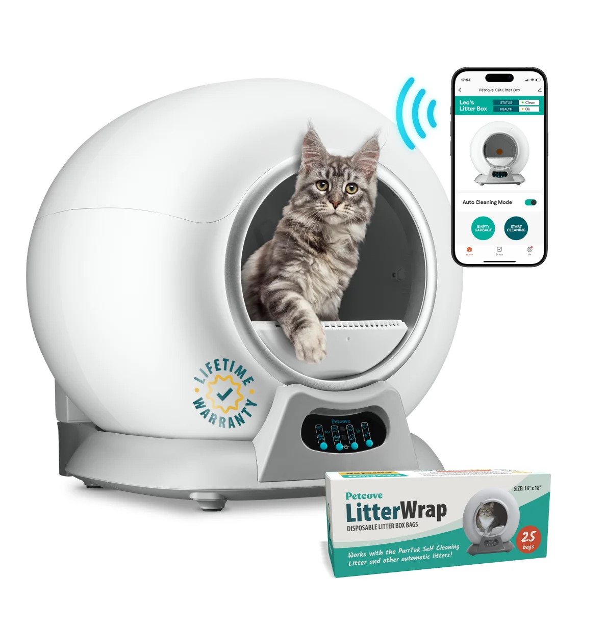 A grey cat sits in a white, automatic litter box next to a smartphone app and a box of liners.