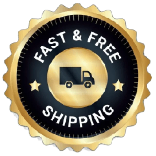 A gold and black seal that says 'Fast & Free Shipping' with an icon of a truck.