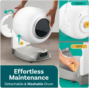 A person detaching and washing a white automatic litter box to demonstrate its effortless maintenance.