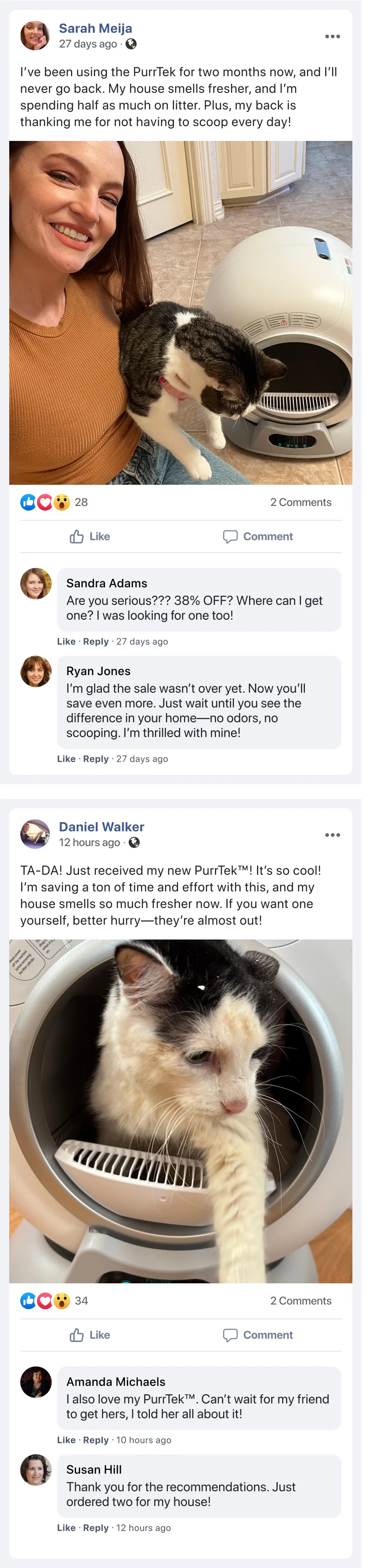 Screenshots of social media posts showing testimonials for an automatic cat litter box, with photos of cats.