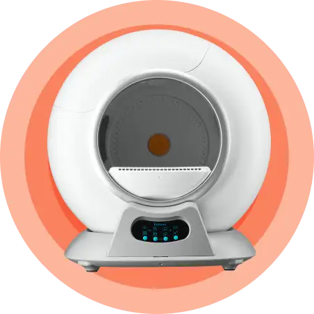 A futuristic, circular, white pet litter box with digital controls on an orange background.