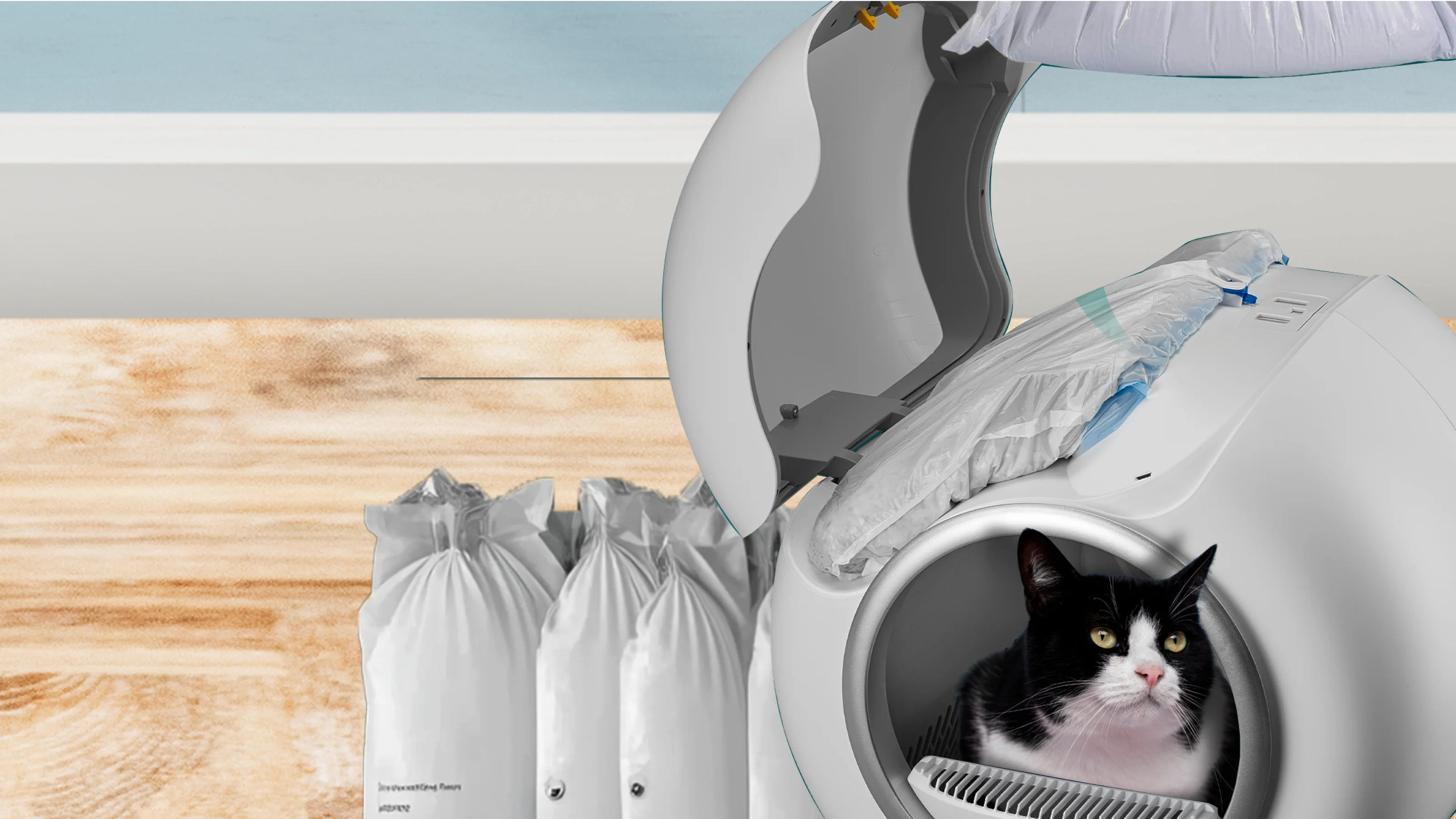 A black and white cat sits inside a white, automatic litter box with the top open.