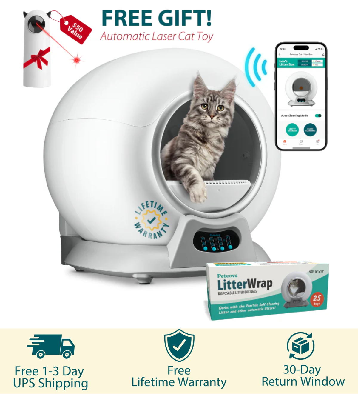 An advertisement for an automatic cat litter box, showing a cat inside the unit with accompanying products and offers.