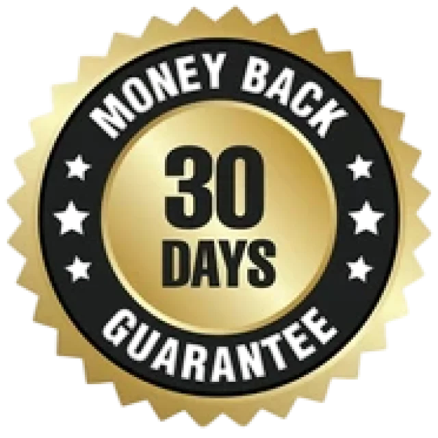 A gold and black seal that reads 'Money Back 30 Days Guarantee'.