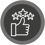 An icon showing a white outline of a thumbs-up gesture with three stars above it inside a circle.