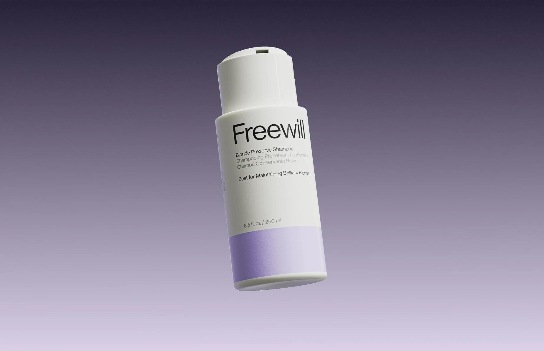 A bottle of Freewill Blonde Preserve Shampoo against a gradient background.