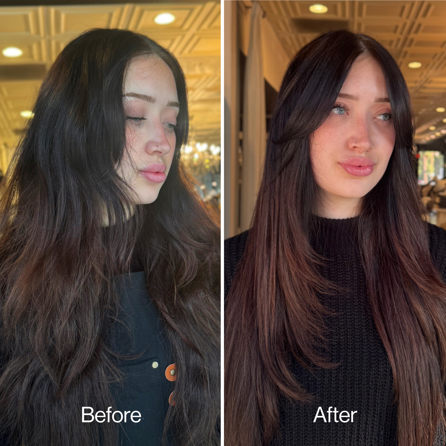 Side-by-side comparison of a woman's hair before and after styling.