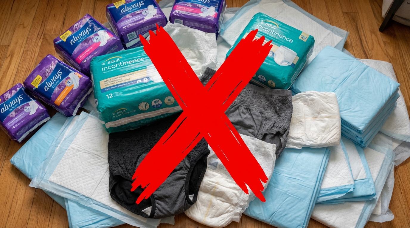 A pile of adult incontinence products including pads and diapers, crossed out with a large red X.