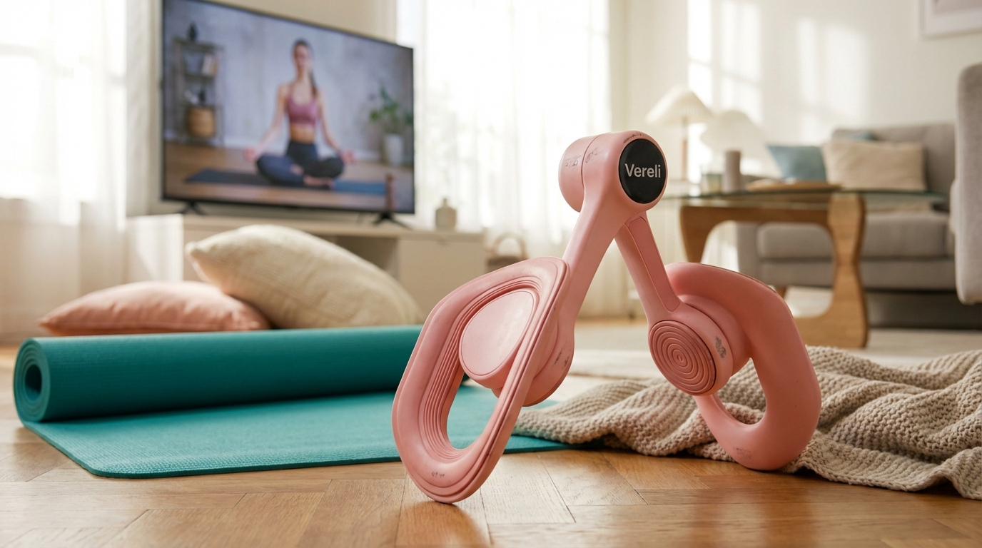 A pink exercise device sits on a wooden floor next to a rolled-up teal yoga mat.