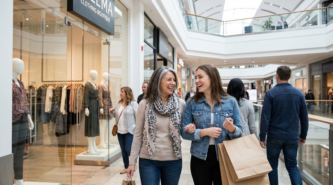 A mother and daughter smile and laugh while walking through a shopping mall carrying paper bags.