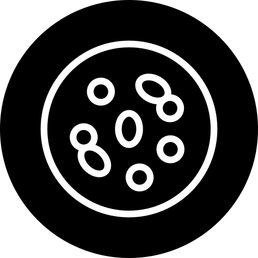 A black and white icon of a petri dish with microorganisms or cells.