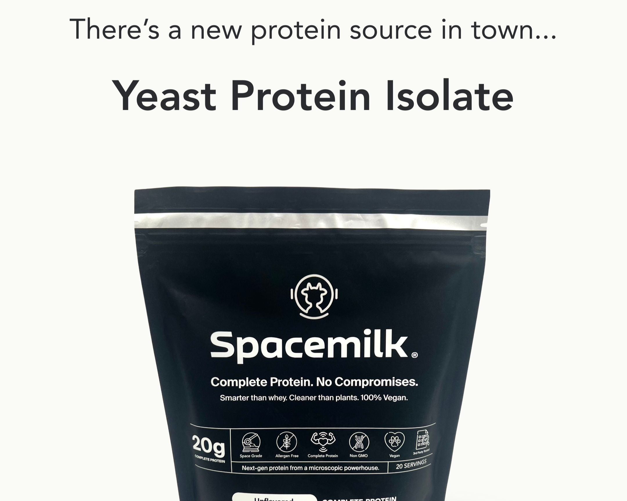Bag of Spacemilk Yeast Protein Isolate with text promoting new protein source.