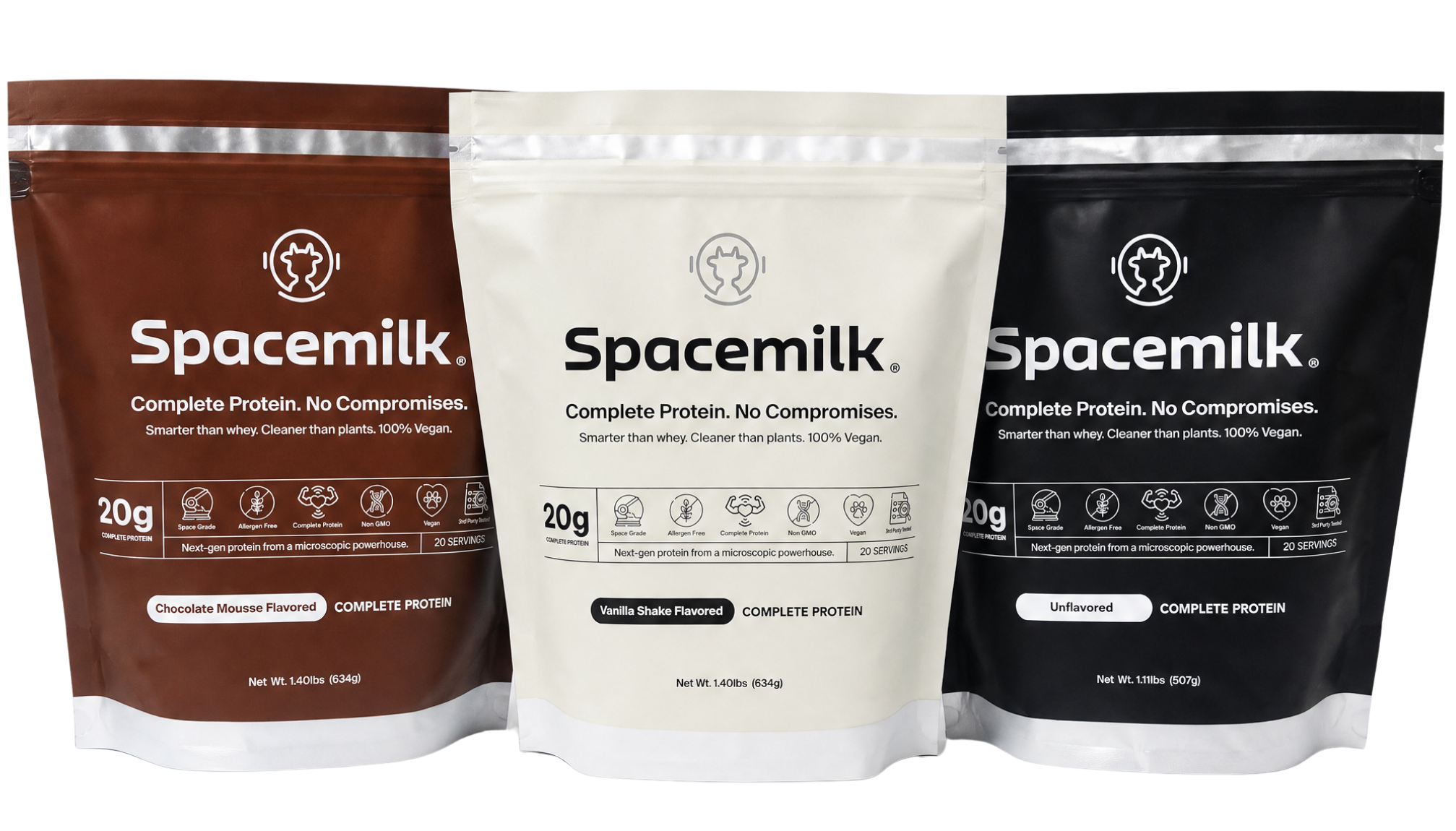 Three pouches of Spacemilk complete protein powder in Chocolate Mousse, Vanilla Shake, and Unflavored.
