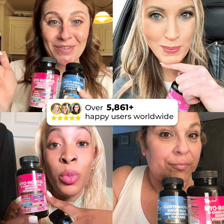 Four women holding supplement bottles with a text overlay about happy users worldwide.