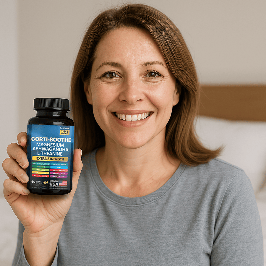 Smiling woman holding a bottle of dietary supplements.