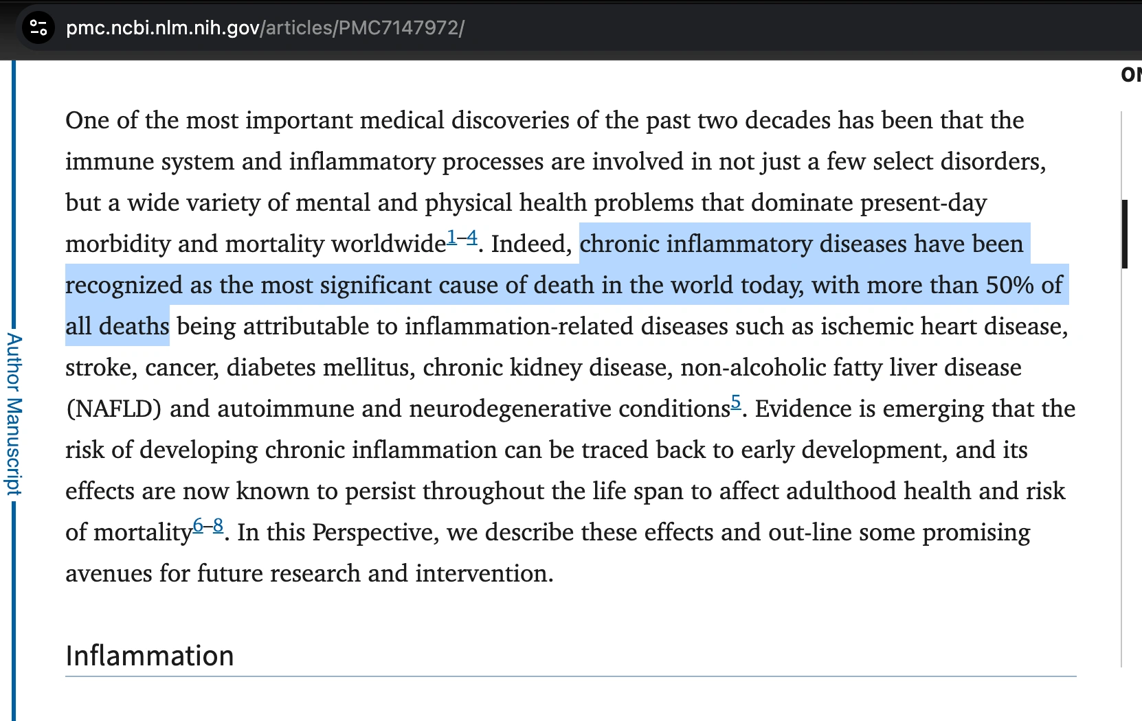 A screenshot of a medical article with a sentence about chronic inflammatory diseases highlighted in blue.
