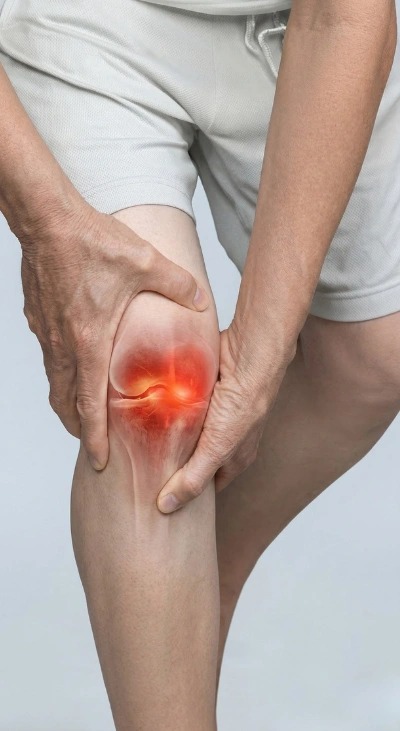 A person holding their knee, with a medical illustration showing inflammation in the joint.