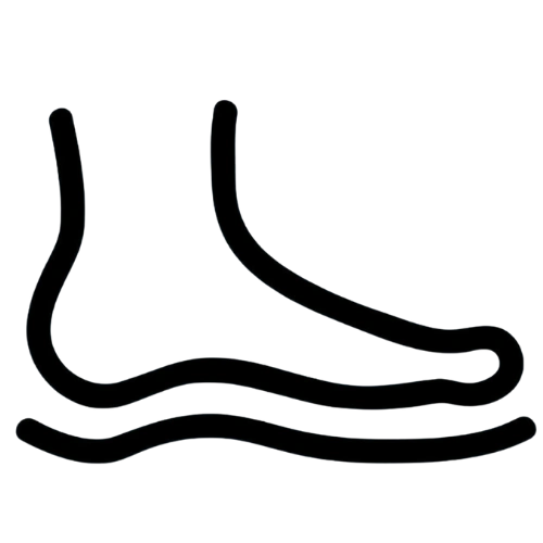 A simple black line icon of a human foot from the side view.