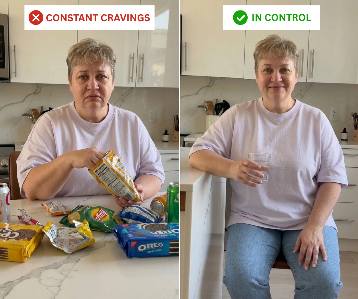 A before and after diptych of a woman eating fast food and then looking slimmer while measuring her waist.