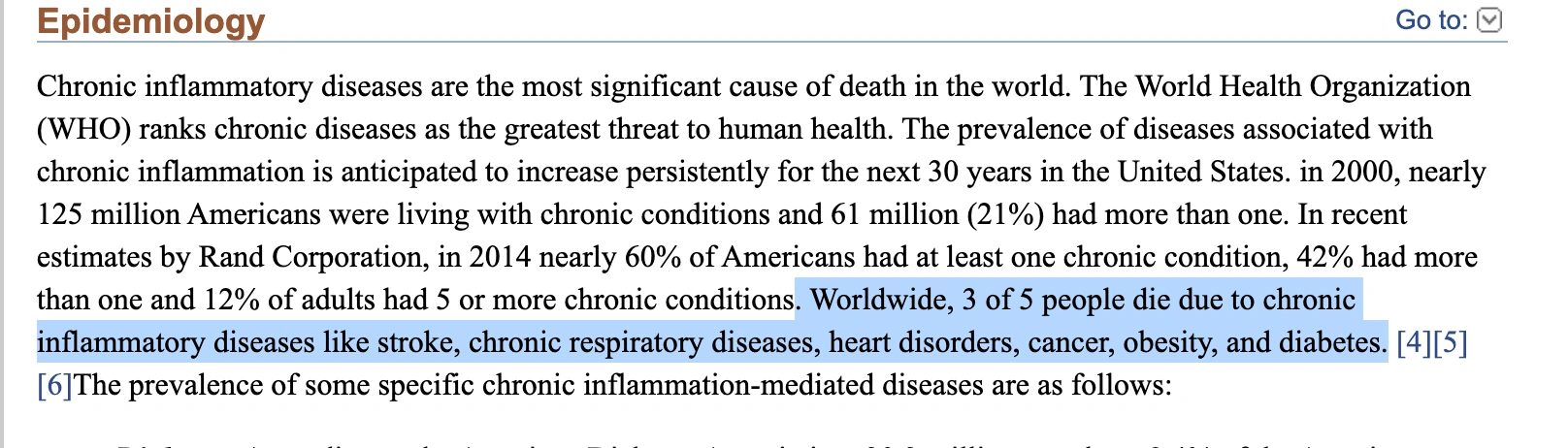A screenshot of text about the epidemiology of chronic inflammatory diseases, with a sentence highlighted.