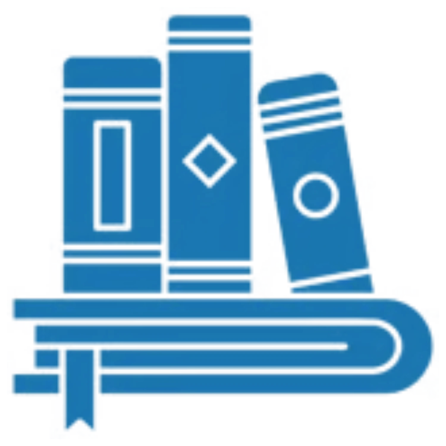 A blue icon of three books standing on top of a horizontal book with a bookmark.