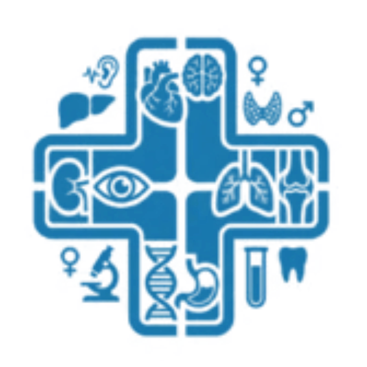 A blue medical cross symbol composed of icons representing human organs and medical specialties.