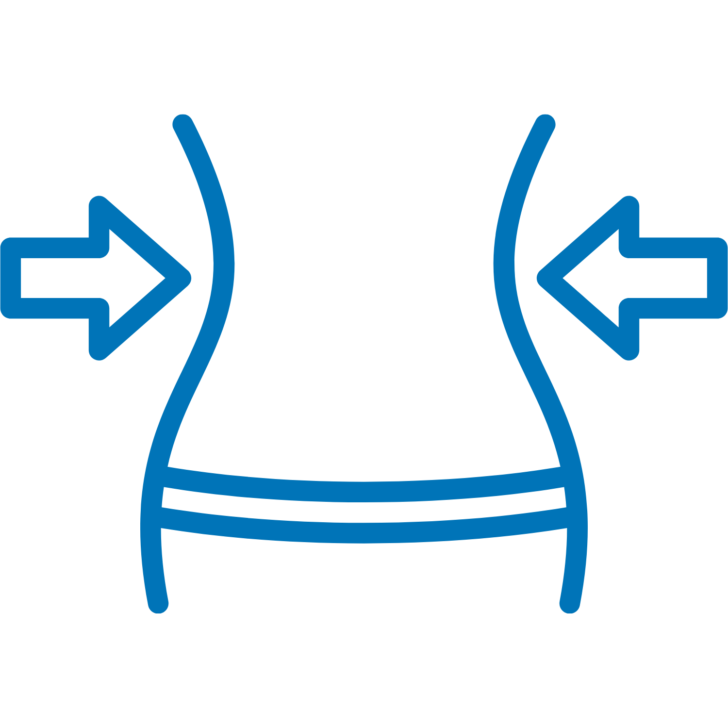 A blue line icon of a person's waist with two arrows pointing inward.