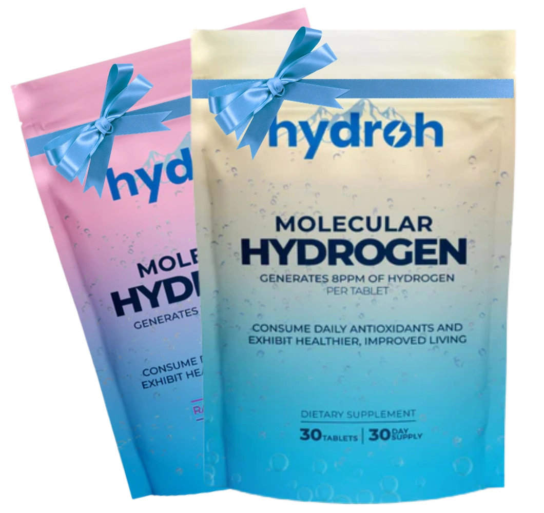 Two pouches of Hydroh Molecular Hydrogen supplement, one pink and one blue and white, with blue ribbons.
