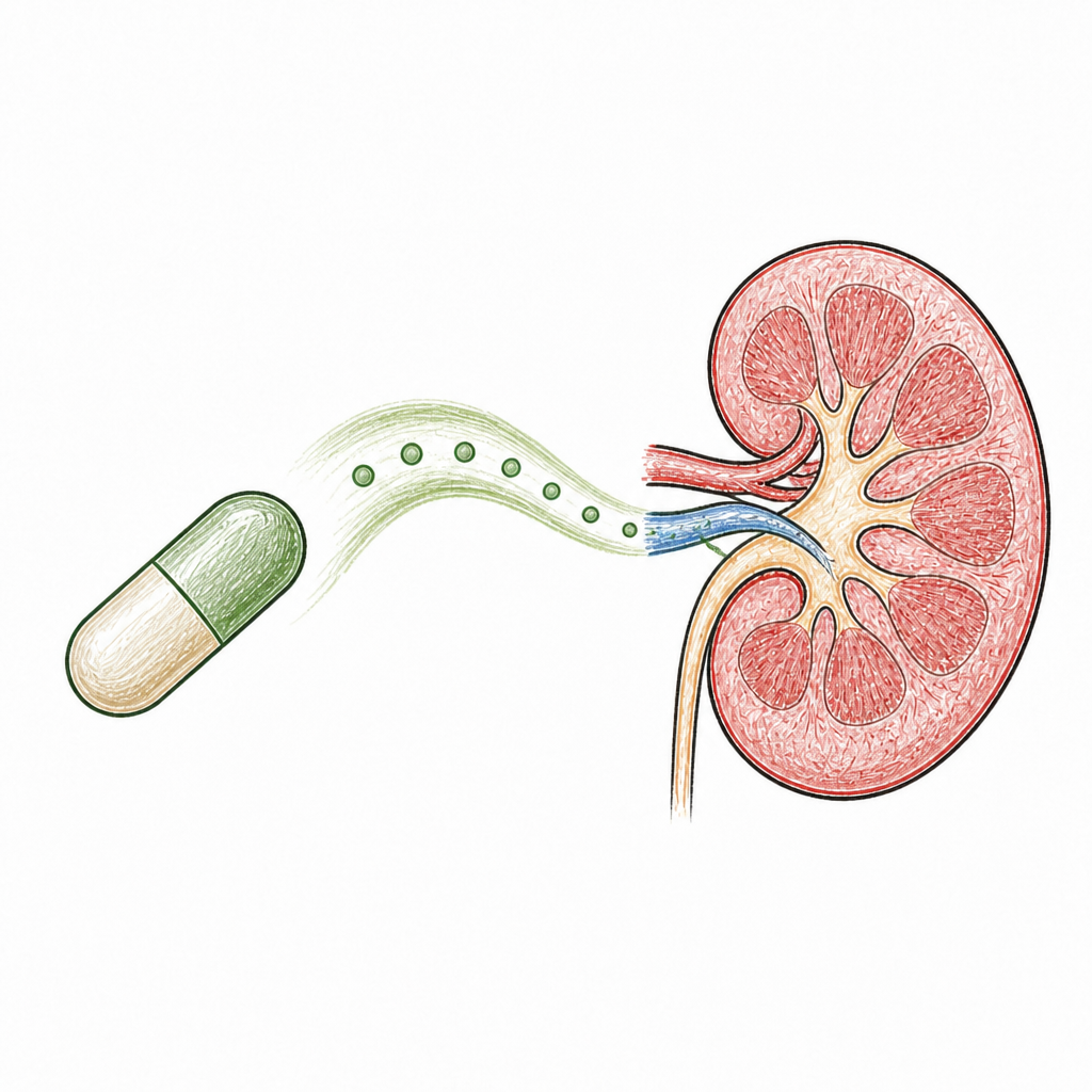An illustration showing a medication capsule releasing its contents into a cross-section of a kidney.