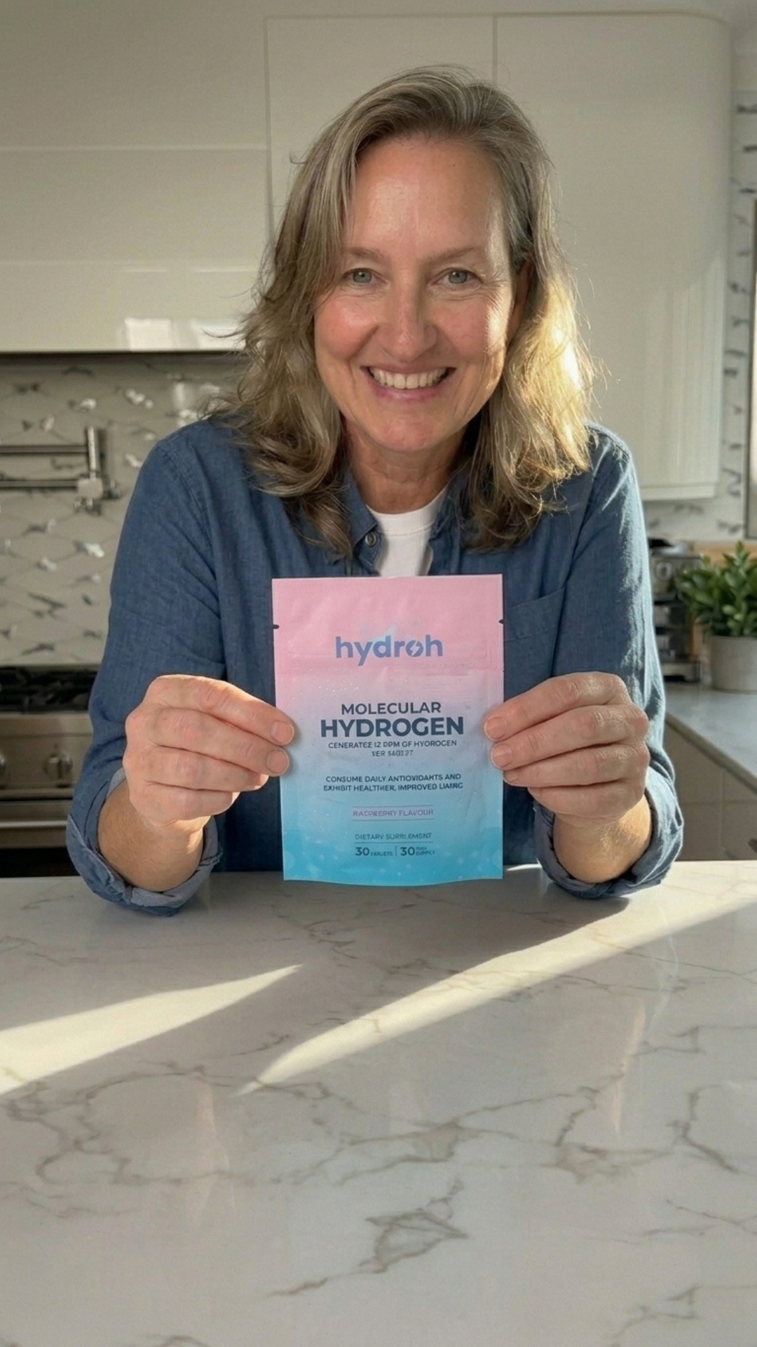 A smiling woman in a blue shirt holds up a pink and blue pouch of Hydroh Molecular Hydrogen.