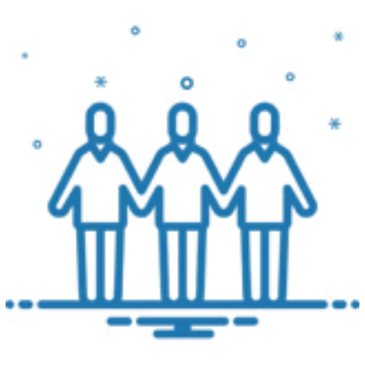 A blue line icon of three people standing together and holding hands.