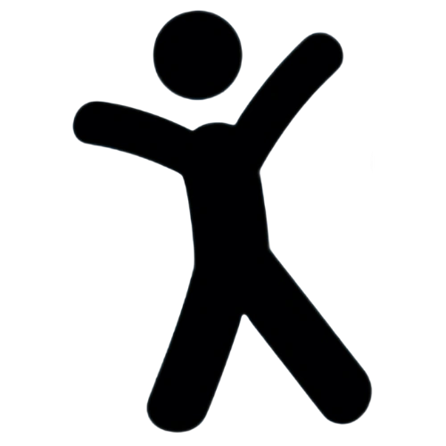 A black icon of a stylized person with arms and legs outstretched in a joyful pose.