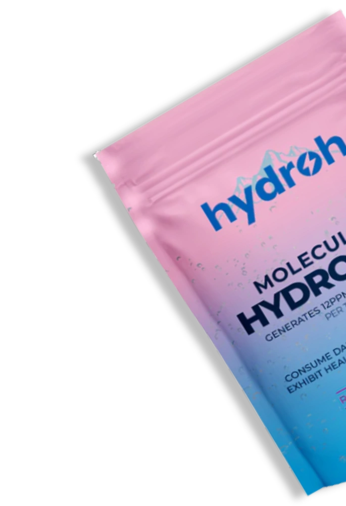 A close-up, angled view of a pink and blue pouch of Hydroh Molecular Hydrogen supplement.