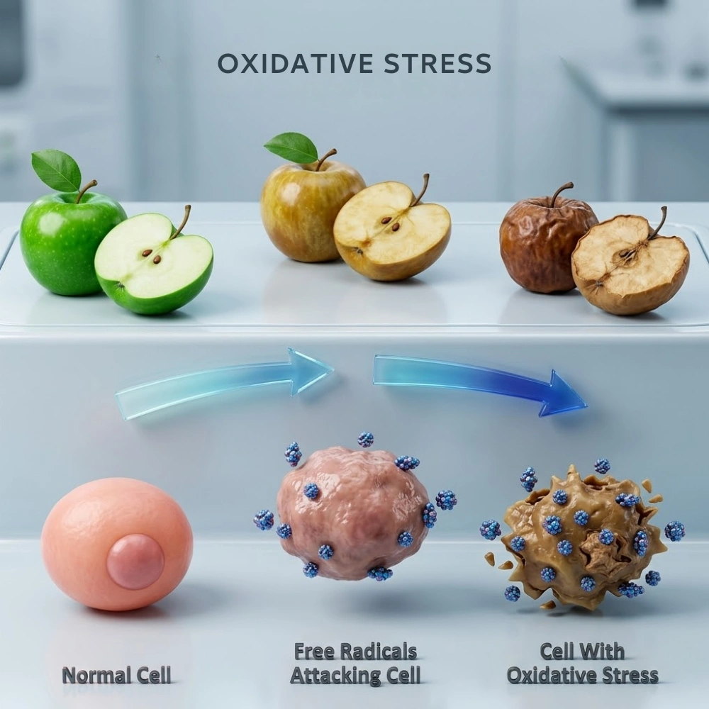 Infographic showing apples browning and cells being damaged to illustrate oxidative stress.