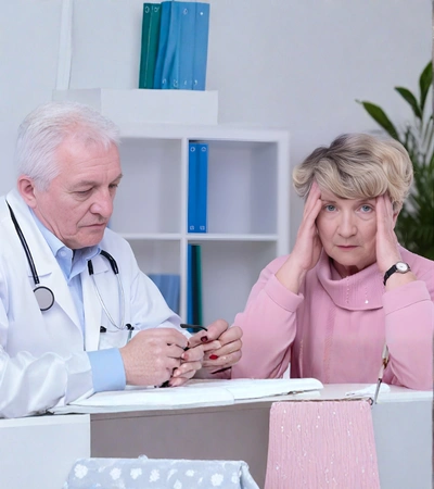 A concerned-looking older woman holds her head while sitting next to a male doctor in his office.