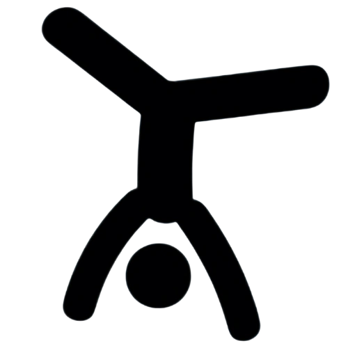 A black stick figure icon doing a cartwheel against a white background.