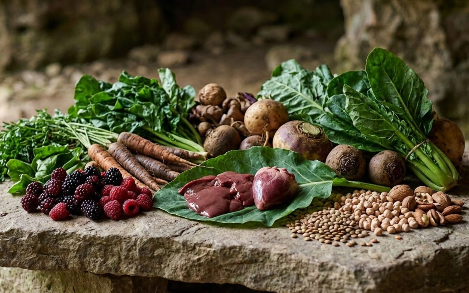 An assortment of fresh vegetables, berries, nuts, legumes, and organ meats displayed on a stone slab.
