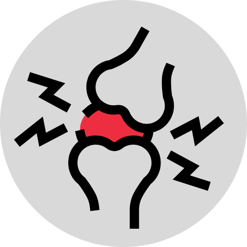 An icon representing joint pain, showing an inflamed joint with pain symbols.
