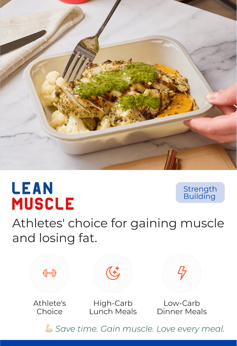Meal with chicken, cauliflower, and green sauce in a container, with text about muscle gain.