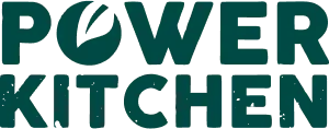 Logo with the text 'Power Kitchen' and a leaf design.
