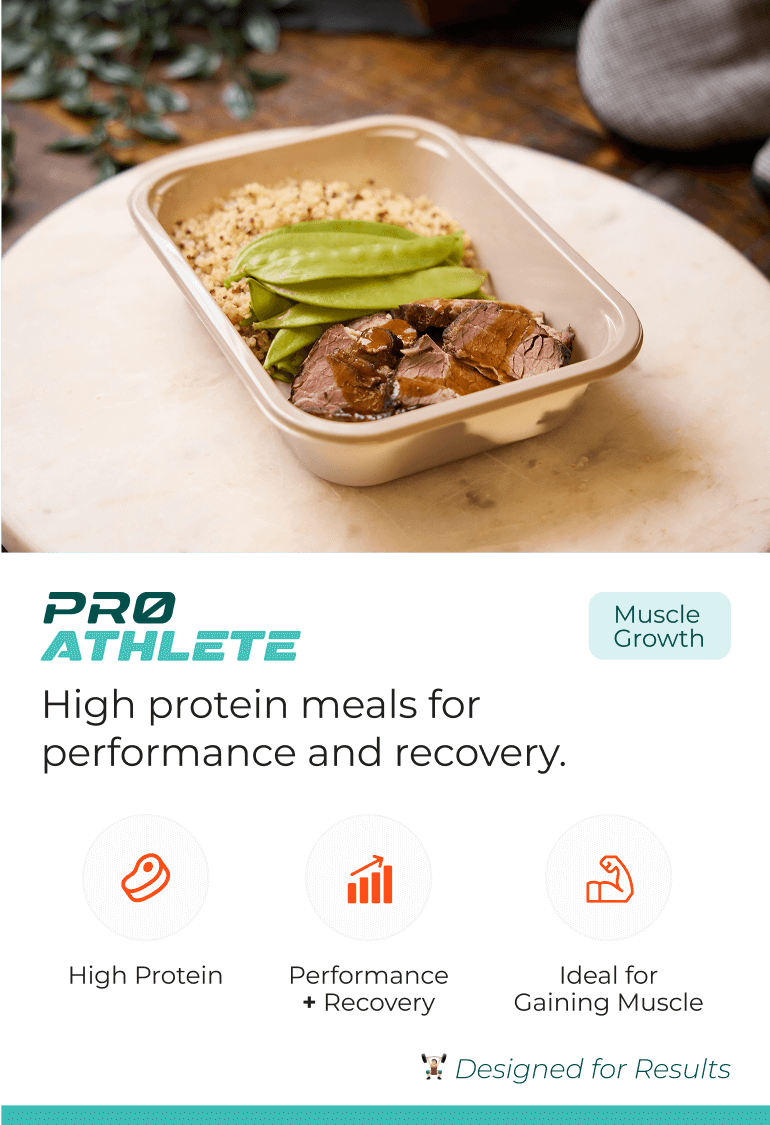 Meal tray with beef, snap peas, and quinoa, promoting high protein for performance and recovery.