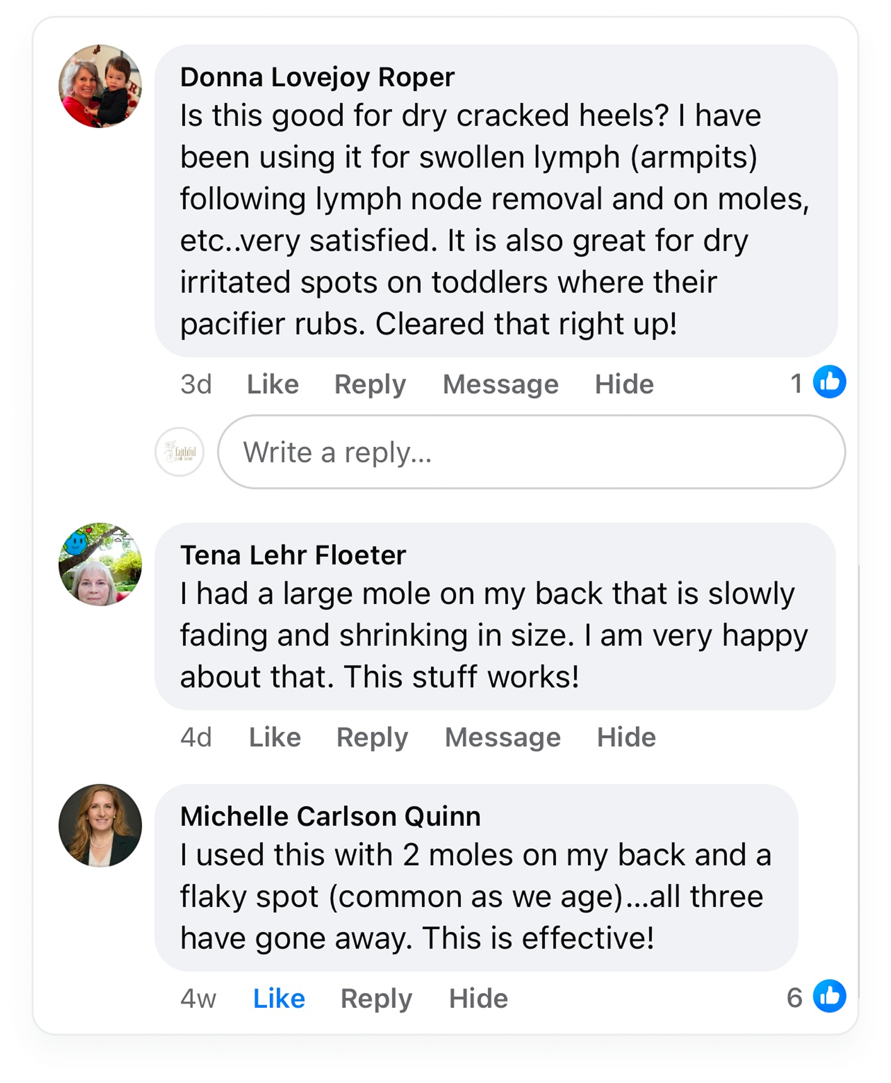 A screenshot of three social media comments from users providing positive testimonials about a product.