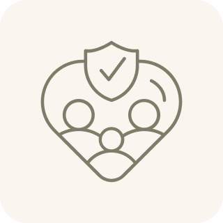 A line icon of a family inside a heart, with a shield and checkmark above them.