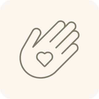 A line art icon of an open hand with a heart in its palm.