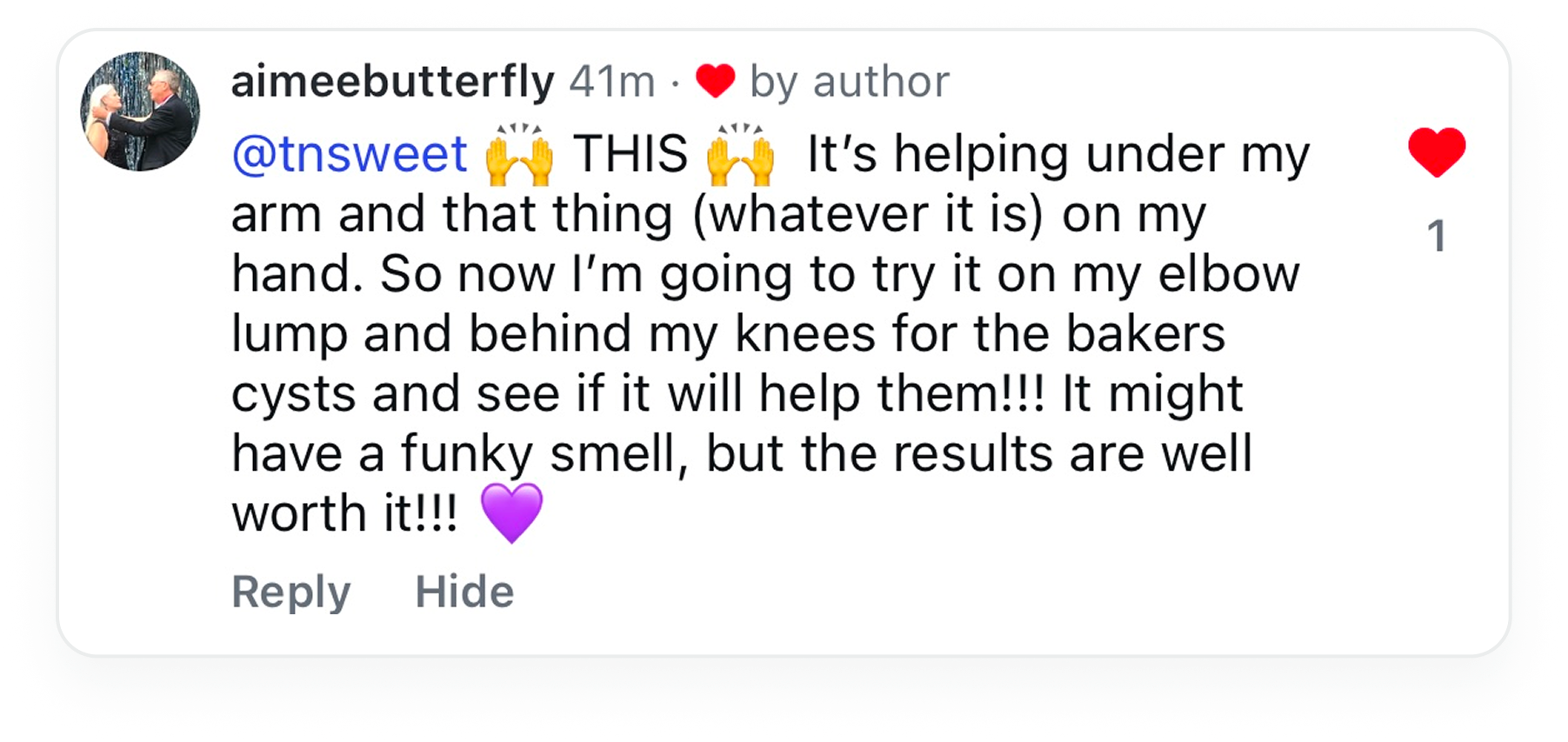 Screenshot of a social media comment from user 'aimeebutterfly' praising the results of a product.